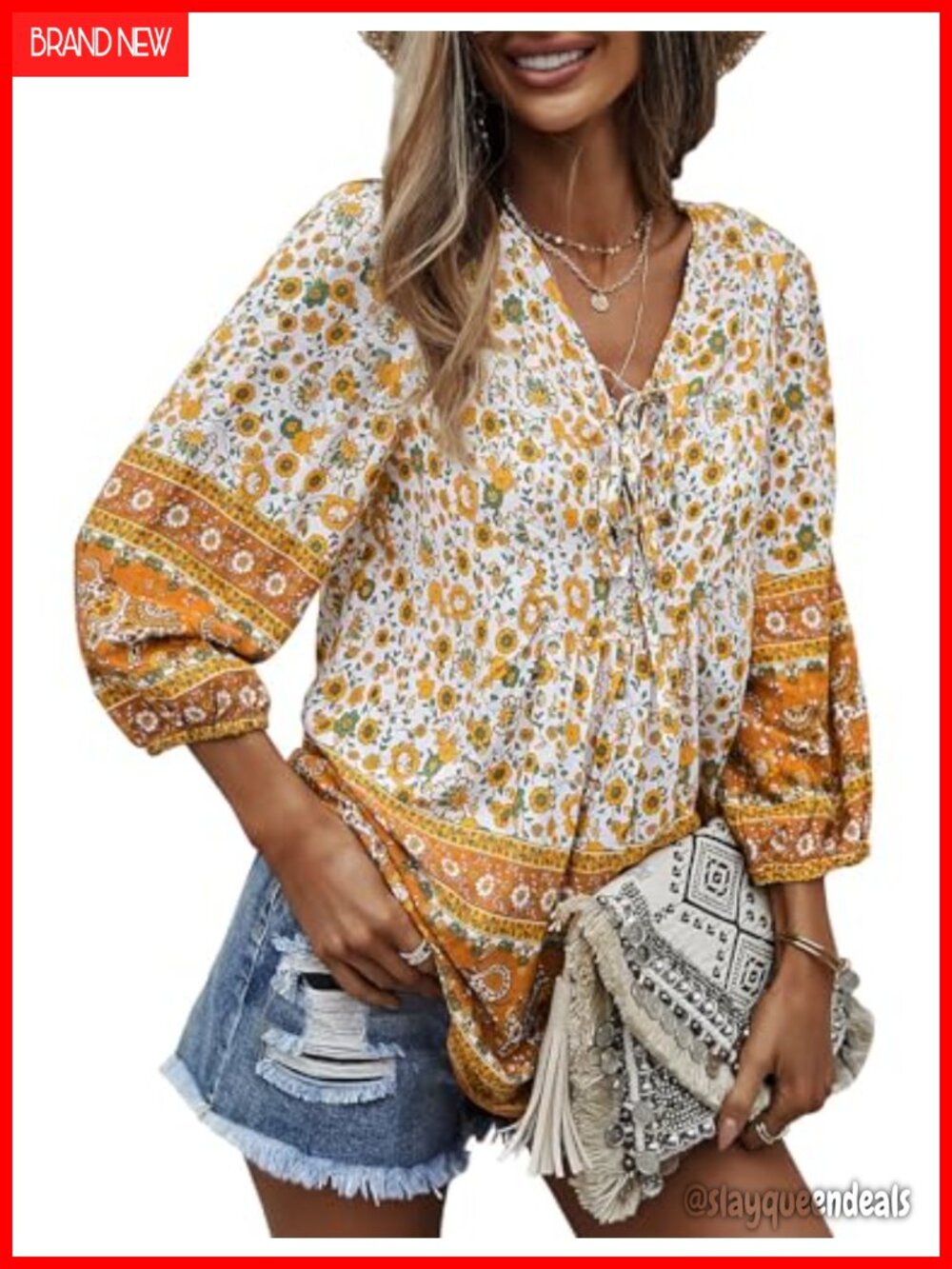 Women's Floral V Neck Tie Knot Boho Tunic Top 3/4 Sleeve Rayon